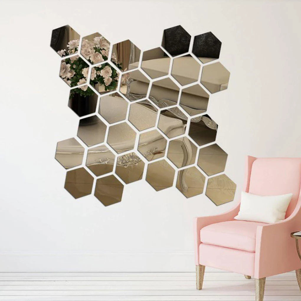 12pcs 3D Hexagon Bathroom Mirror Sticker Home