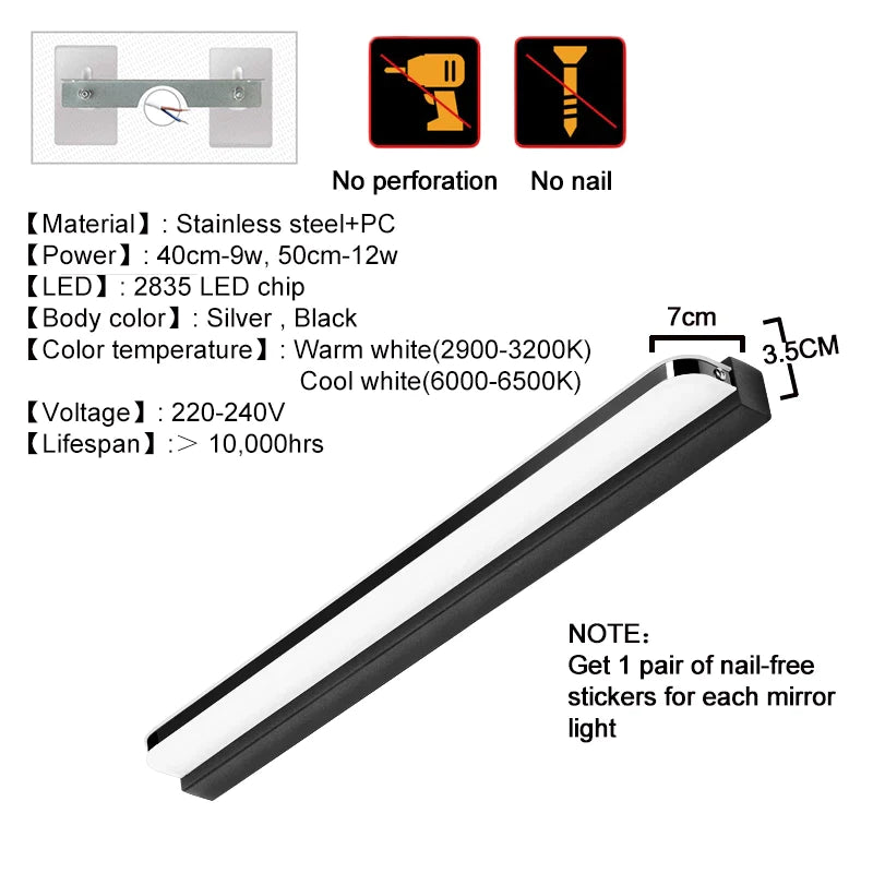 Modern Bathroom Light Stainless Steel LED Mirror
