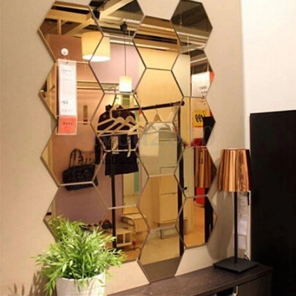 12pcs 3D Hexagon Bathroom Mirror Sticker Home